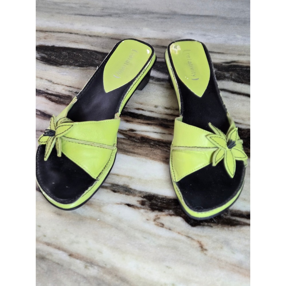 Relativity Lime Green Floral Slide Sandals Kitten Heel Square Toe Womens 7.5M